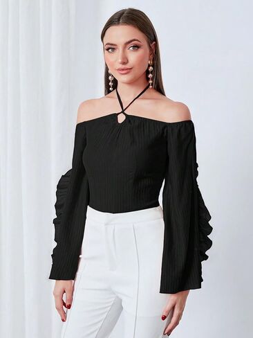 بلوزة نسائية كاجوال من SweatyRocks بدون أكتاف ورباط خلفي وأكمام طويلة ومزخرفة بكشكشة in Kuwait