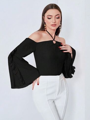 بلوزة نسائية كاجوال من SweatyRocks بدون أكتاف ورباط خلفي وأكمام طويلة ومزخرفة بكشكشة in Kuwait