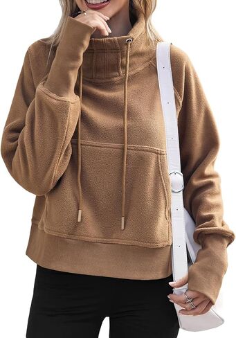 Fisoew Fleece Sweatshirts for Women Crop Fall Long Sleeve Turtle Neck Pullover Jacket Thumb Hole in Kuwait