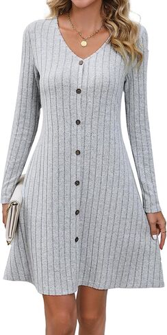 فستان نسائي متوسط ​​الطول بياقة على شكل V وأكمام طويلة وأزرار سفلية من Aossfre in Kuwait