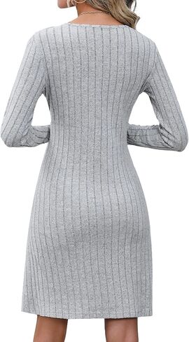 فستان نسائي متوسط ​​الطول بياقة على شكل V وأكمام طويلة وأزرار سفلية من Aossfre in Kuwait