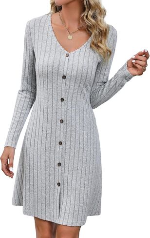 فستان نسائي متوسط ​​الطول بياقة على شكل V وأكمام طويلة وأزرار سفلية من Aossfre in Kuwait