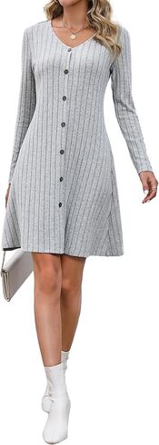 فستان نسائي متوسط ​​الطول بياقة على شكل V وأكمام طويلة وأزرار سفلية من Aossfre in Kuwait