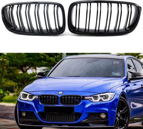 شبكة أمامية ABS F30 لسيارات BMW F30 F31 3 Series 2012-2018 (شرائح مزدوجة سوداء لامعة، قطعتان) in Kuwait