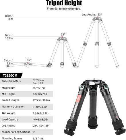 Sunwayfoto T3620CM 36mm,2 Sections,Short Heavy Duty Carbon Fiber Triopd for Video Photography and Rifle,Load 88lb(40kg) in Saudi Arabia