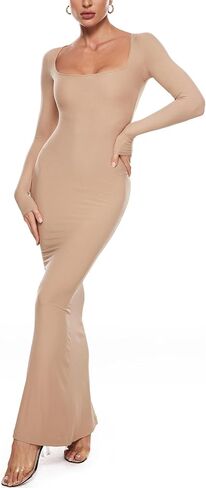 INLYRIC Women's Long Sleeve Bodycon Maxi Dress Square Neck Lounge Slip Ribbed Tight Long Dresses in Kuwait