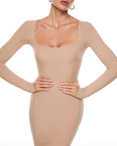 INLYRIC Women's Long Sleeve Bodycon Maxi Dress Square Neck Lounge Slip Ribbed Tight Long Dresses in Kuwait