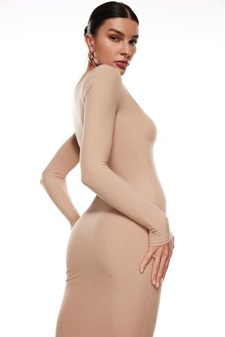 INLYRIC Women's Long Sleeve Bodycon Maxi Dress Square Neck Lounge Slip Ribbed Tight Long Dresses in Kuwait