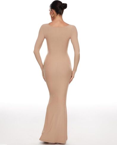 INLYRIC Women's Long Sleeve Bodycon Maxi Dress Square Neck Lounge Slip Ribbed Tight Long Dresses in Kuwait