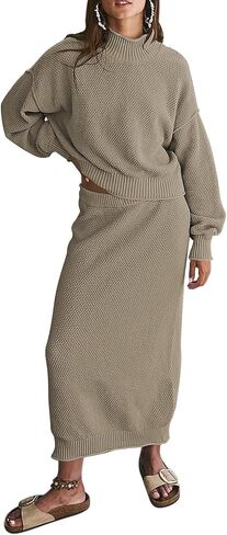 Pink Queen Women's 2 Piece Sweater Set Outfits Long Sleeve Oversized Top Bodycon Maxi Long Skirt Knit Dresses in Kuwait