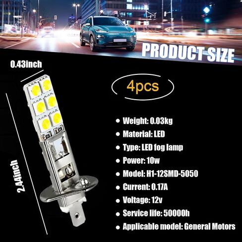 4 PCS LED Car Fog Light Bulbs, 12V 360 Degrees Metal Waterproof Vehicle DRL lamps, Plug and Play, Universal 2.44In x 0.43In Super Bright Automotive Lighting Accessories (White Light #H1) in Saudi Arabia