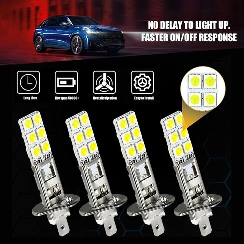 4 PCS LED Car Fog Light Bulbs, 12V 360 Degrees Metal Waterproof Vehicle DRL lamps, Plug and Play, Universal 2.44In x 0.43In Super Bright Automotive Lighting Accessories (White Light #H1) in Saudi Arabia