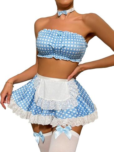 WDIRARA Women's Plaid Lace Frill Maid Lingerie Costume Set with Choker and Mesh Stocking in Saudi Arabia