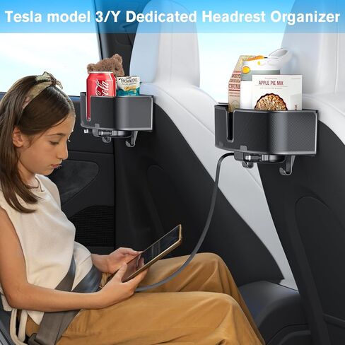 منظم حامل أكواب بمسند رأس السيارة من OHLPRO مع سلك شحن USB C/Lightning لطراز Tesla Y/3، صندوق تخزين بخطاف المقعد الخلفي للسيارة مع حامل أكواب 3.7 بوصة، رائع للأطفال، ملحقات سيارة السفر in Saudi Arabia