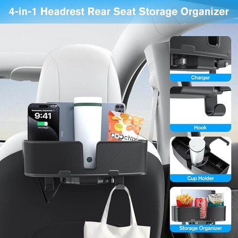 منظم حامل أكواب بمسند رأس السيارة من OHLPRO مع سلك شحن USB C/Lightning لطراز Tesla Y/3، صندوق تخزين بخطاف المقعد الخلفي للسيارة مع حامل أكواب 3.7 بوصة، رائع للأطفال، ملحقات سيارة السفر in Saudi Arabia