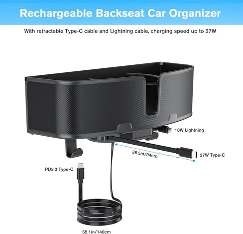 منظم حامل أكواب بمسند رأس السيارة من OHLPRO مع سلك شحن USB C/Lightning لطراز Tesla Y/3، صندوق تخزين بخطاف المقعد الخلفي للسيارة مع حامل أكواب 3.7 بوصة، رائع للأطفال، ملحقات سيارة السفر in Saudi Arabia