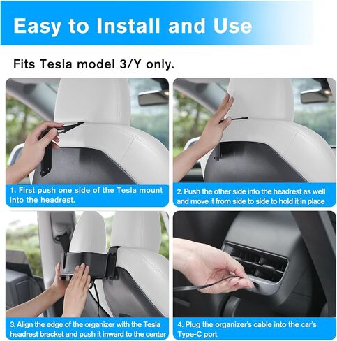 منظم حامل أكواب بمسند رأس السيارة من OHLPRO مع سلك شحن USB C/Lightning لطراز Tesla Y/3، صندوق تخزين بخطاف المقعد الخلفي للسيارة مع حامل أكواب 3.7 بوصة، رائع للأطفال، ملحقات سيارة السفر in Saudi Arabia