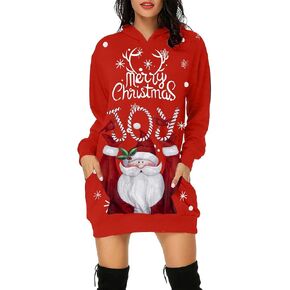 MNLYBABY Women's Christmas Hooded Sweatshirt Funny Santa Graphic Shirt Long Sleeve Pullover Tunic Hoodie Dress with Pockets in Saudi Arabia