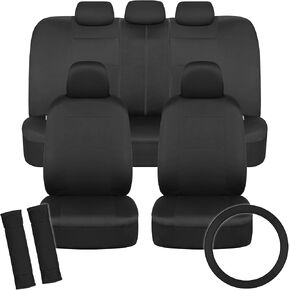 BDK PolyPro Seat Covers - Full Set in Black for Car, Truck, Van with Steering Wheel Cover & Seat Belt Pads, Easy Install, Universal Fit