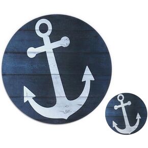 Anchor Round Mouse Pad and Coaster Set,Retro Nautical Anchor Navy Coasters Cup Mats 3.94″for Drinks,Non-Slip Rubber Mousepad 7.9″for Working or Game,Lake House Decor,Beach House Decor