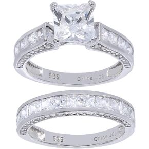 Hidden Gems Jewelry Sterling Silver 2 Pieces Princess Cut Center Clear CZ Rhodium Plated Engagement Ring Set | Wedding Bands for Women | Bridal Rings for Women