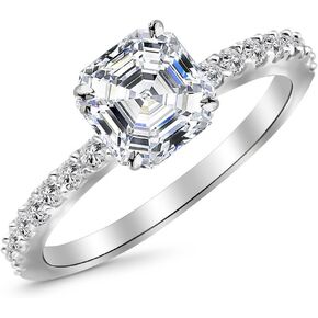 14K White Gold 2.25 Carat LAB GROWN DIAMOND Classic Side Stone Pave Set Asscher Cut Diamond Engagement Ring (G-H Color VS2-SI1 Clarity 2 Ct Center)
