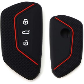 iJDMTOY Black Soft Silicone Key Fob Cover w/Red Stripe Compatible with Volkswagen MK8 Golf/GTI, Skoda Octavia with 3/4/5-Button Smart key