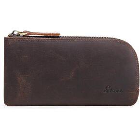 S-ZONE Top Grain Leather Pencil Pouch Small Zipper Bag for Pens Makeups Change Coins