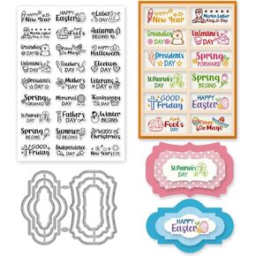 27PCS Blessing Words Stamps and Dies for Card Making Blessing Words Motivational Quotes Silicone Clear Stamps and Label Cutting Die for Embossing Album DIY Craft Scrapbooking Decoration