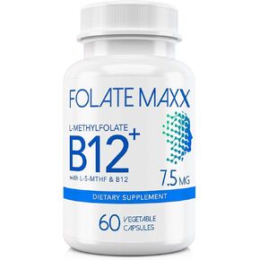 FolateMaxx L-Methylfolate + B12 Methylcobalamin Blend 7.5mg - 60 Capsules - Active Folic Acid & Methylated B12-5-MTHF & B12 Supplement for Men & Women - Non GMO, Gluten Free, No Fillers
