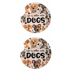 Life is Better with Dogs Car Coasters Soft Neoprene - 2 PACK - Car Cup Holder Coaster - Car coasters for women, Absorbent Car Cupholder Coaster