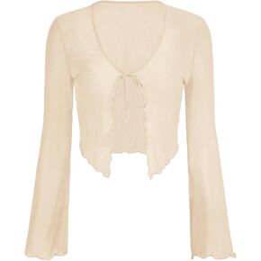 Verdusa Women's Sheer Shrug Crop Top Long Sleeve Tie Front Lettuce Trim Mesh Open Cardigan Top