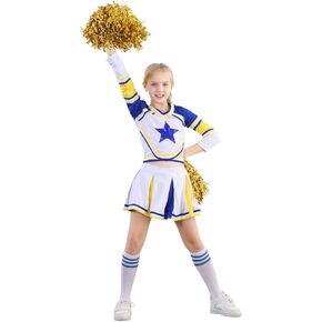 lontakids Cheerleader Costume for Girls Cheerleading Uniform Dress Outfit with Stockings 2 Pom Poms