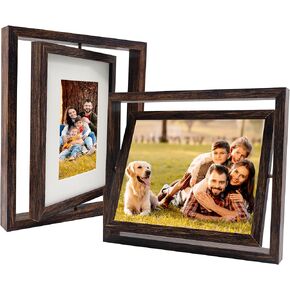 2 Pack 5x7 Rotating Floating Picture Frames or Display 4x6 Picture with White Mat, Double Sided Frames for Vertical or Horizontal Tabletop Display, MDF, Brown