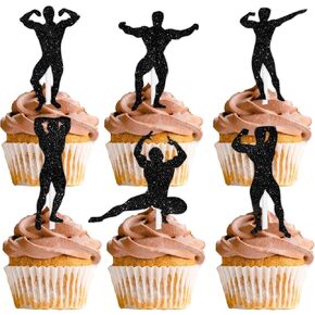 Black Glitter Silhouette Muscle Men Dessert Cupcake Topper Gym Fitness Weight Lifting Sports Theme Decor Supplies Men Boys Happy Birthday Anniversary Party Decorations Set 18pcs