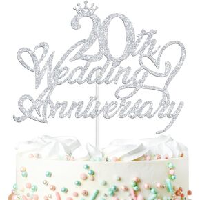 20th Wedding Anniversary Cake Topper - Happy 20th Anniversary Party Decorations, Cheers to 20 Years, 20th Vow Renewal Anniversary Party Decorations Supplies, Silver Glitter