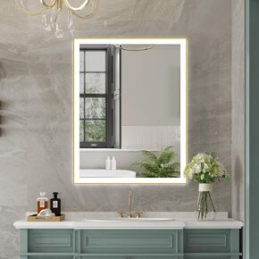 WELLFOR 28W x 36L Wall-Mounted Framed Bathroom Vanity Mirror, Smart Mirror W/Lights for Bathroom Hotel, Led Mirror Includes Dimmer Defogger, Vertical/Horizontal Installation, Rectangle, Gold
