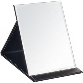 JOLY Desk Mirror, Pu Leather Portable Folding Desktop Makeup Mirror with Adjustable Stand for Personal Office Travelling (L, Black)