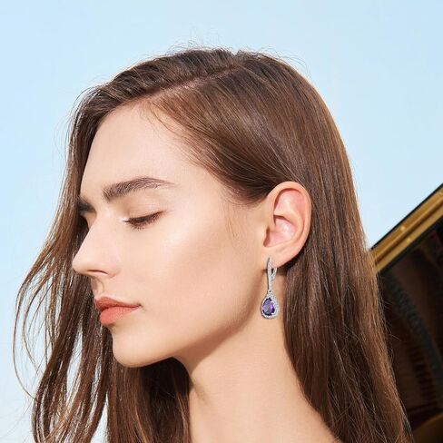Women Earrings 925 Sterling Silver Birthstone Halo Teardrop Drop & Dangle Earrings Leverback Earrings with 7*10mm 5A Cubic Zirconia Jewelry Gift for Mother Grandma Daughter Grandaughter friend in Saudi Arabia