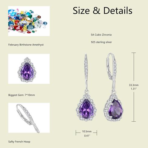 Women Earrings 925 Sterling Silver Birthstone Halo Teardrop Drop & Dangle Earrings Leverback Earrings with 7*10mm 5A Cubic Zirconia Jewelry Gift for Mother Grandma Daughter Grandaughter friend in Saudi Arabia