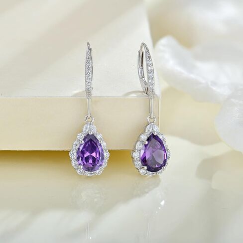 Women Earrings 925 Sterling Silver Birthstone Halo Teardrop Drop & Dangle Earrings Leverback Earrings with 7*10mm 5A Cubic Zirconia Jewelry Gift for Mother Grandma Daughter Grandaughter friend in Saudi Arabia