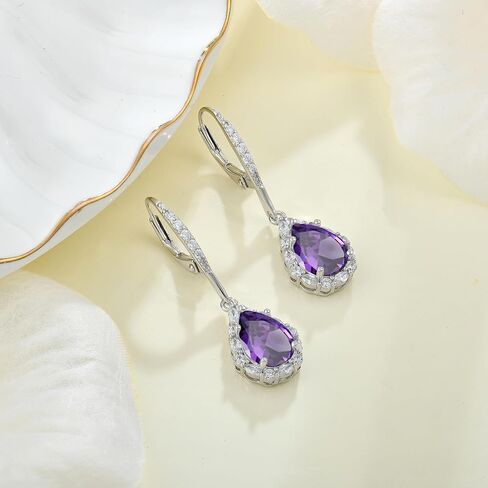 Women Earrings 925 Sterling Silver Birthstone Halo Teardrop Drop & Dangle Earrings Leverback Earrings with 7*10mm 5A Cubic Zirconia Jewelry Gift for Mother Grandma Daughter Grandaughter friend in Saudi Arabia