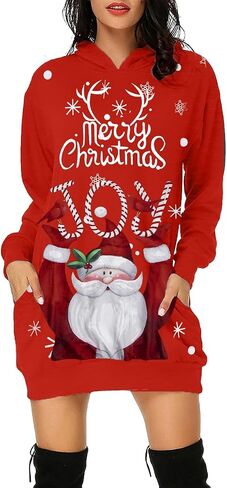 MNLYBABY Women's Christmas Hooded Sweatshirt Funny Santa Graphic Shirt Long Sleeve Pullover Tunic Hoodie Dress with Pockets in Saudi Arabia