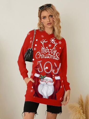 MNLYBABY Women's Christmas Hooded Sweatshirt Funny Santa Graphic Shirt Long Sleeve Pullover Tunic Hoodie Dress with Pockets in Saudi Arabia