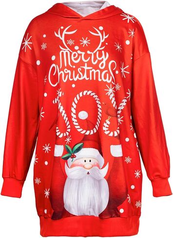 MNLYBABY Women's Christmas Hooded Sweatshirt Funny Santa Graphic Shirt Long Sleeve Pullover Tunic Hoodie Dress with Pockets in Saudi Arabia