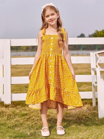 Rolmama Girls Summer Dresses Kids 2023 Sleeveless Tie Strap Boho Beach Midi Dress Smocked Ruffle Flowy Sundresses in Kuwait