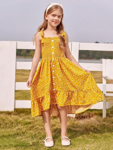 Rolmama Girls Summer Dresses Kids 2023 Sleeveless Tie Strap Boho Beach Midi Dress Smocked Ruffle Flowy Sundresses in Kuwait