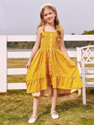 Rolmama Girls Summer Dresses Kids 2023 Sleeveless Tie Strap Boho Beach Midi Dress Smocked Ruffle Flowy Sundresses in Kuwait