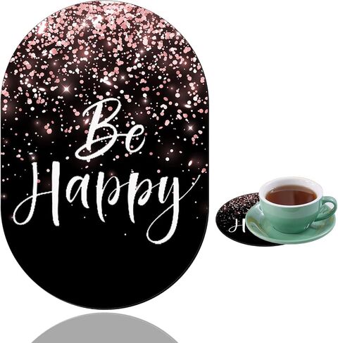 Personalized Gaming Mouse Pad and Coaster Combination, Rose Gold Glitter Black Be Happy Design Non-Slip Rubber Base Mouse Pad, Home Desk Decor, Custom Work and Gaming Mouse Pad in Saudi Arabia