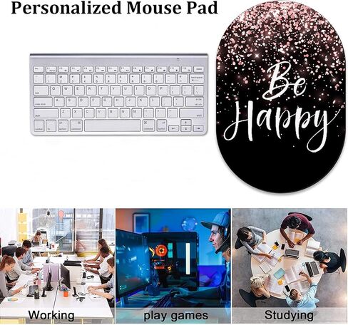 Personalized Gaming Mouse Pad and Coaster Combination, Rose Gold Glitter Black Be Happy Design Non-Slip Rubber Base Mouse Pad, Home Desk Decor, Custom Work and Gaming Mouse Pad in Saudi Arabia